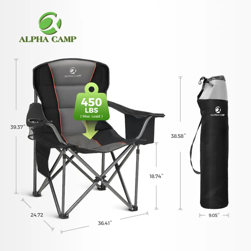 Alpha Camp Oversized Outdoors Folding Camping Chair Heavy Duty Arm Chair with Cup Holder and Storage Bag, 350 LBS Weight Capacity